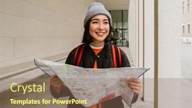  Presentation with asian map - Presentation theme enhanced with young-joyful-asian-woman-tourist background and a coral colored foreground
