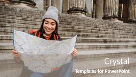  Presentation with asian map - Slide deck enhanced with young-joyful-asian-woman-tourist background and a gray colored foreground