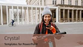  Presentation with electric scooter - PPT layouts featuring young-joyful-asian-woman background and a violet colored foreground