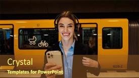  Presentation with station - Presentation theme consisting of young-joyful-business-woman background and a tawny brown colored foreground