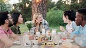  Presentation with outdoor party - Audience pleasing slide deck consisting of young-joyful-couples-sitting backdrop and a coral colored foreground