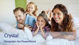  Presentation with german shepherd two young puppys - Audience pleasing presentation design consisting of young joyful family of parents backdrop and a sky blue colored foreground