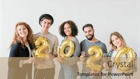  Presentation with flutes - Presentation theme having young joyful friendly people holding number of new year and flutes with chamagne while enjoying celebration of the holiday background and a coral colored foreground