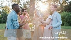  Presentation with joyful - Audience pleasing PPT theme consisting of young-joyful-friends-with-drinks backdrop and a coral colored foreground