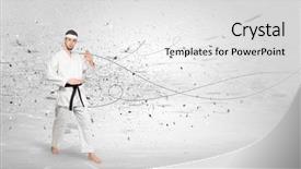  Presentation with karate - PPT theme featuring young karate trainer doing karate background and a white colored foreground