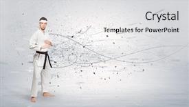  Presentation with karate - Cool new PPT theme with young karate trainer doing karate backdrop and a light gray colored foreground