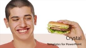  Presentation with holding hands old young - Presentation theme enhanced with young kid holding and eating a hamburger on white background background and a coral colored foreground