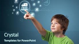  Presentation with promotion - Colorful slide deck enhanced with young kid pressing promotion and shipping type of modern buttons backdrop and a ocean colored foreground
