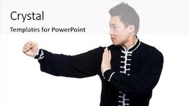  Presentation with kung fu - Amazing PPT theme having young kung fu fighter backdrop and a white colored foreground