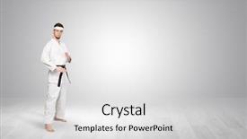  Presentation with trainer - Audience pleasing slide set consisting of young kung-fu trainer fighting backdrop and a light gray colored foreground