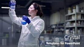  Presentation with lab coat - Slides having young-lab-woman-in-glasses background and a ocean colored foreground