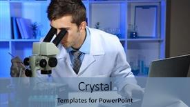  Presentation with microscope - Amazing PPT theme having young-laboratory-scientist-looking backdrop and a teal colored foreground