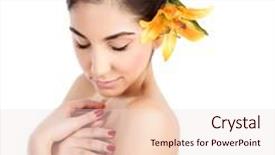  Presentation with hair spa - Theme consisting of young lady at spa salon sensual female with closed eyes and yellow lily flower in dark hair enjoying day spa natural cosmetics healthy lifestyle background and a lemonade colored foreground