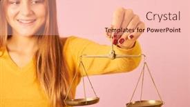  Presentation with balance - PPT theme having young-lady-holding-a-balance background and a lemonade colored foreground