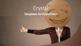 Presentation with cardboard - Slide deck enhanced with young lady holding a cardboard smile face emoticon in front of her head background and a coral colored foreground