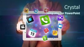  Presentation with lady - Slide deck featuring young-lady-holding-a-tablet background and a ocean colored foreground