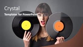  Presentation with vinyl record - Amazing PPT theme having young lady holding vinyl record on a grey background backdrop and a gray colored foreground