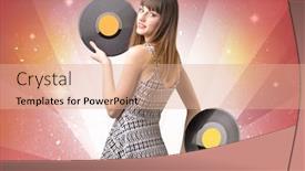  Presentation with vinyl record - Beautiful PPT layouts featuring young lady holding vinyl record on a red background with lights shining behind her backdrop and a coral colored foreground