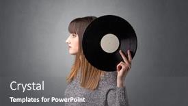  Presentation with vinyl record - Cool new PPT theme with young-lady-holding-vinyl-record backdrop and a gray colored foreground