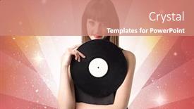  Presentation with vinyl record - Slide deck with young lady holding vinyl record on a red background with lights shining behind her background and a coral colored foreground