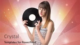  Presentation with vinyl record - Slide deck enhanced with young lady holding vinyl record on a red background with lights shining behind her background and a coral colored foreground