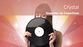  Presentation with vinyl record - Cool new presentation theme with young lady holding vinyl record on a red background with lights shining behind her backdrop and a coral colored foreground