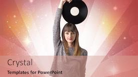  Presentation with vinyl record - Audience pleasing PPT theme consisting of young lady holding vinyl record on a red background with lights shining behind her backdrop and a coral colored foreground