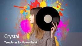  Presentation with vinyl record - Colorful slide set enhanced with young lady holding vinyl record backdrop and a coral colored foreground