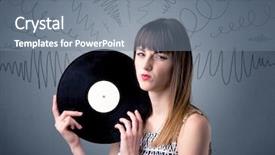  Presentation with vinyl record - Beautiful presentation theme featuring young lady holding vinyl record on a grey background with scribbles around her backdrop and a gray colored foreground