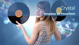  Presentation with vinyl record - PPT theme with young lady holding vinyl record on a blue background with musical notes behind her background and a teal colored foreground
