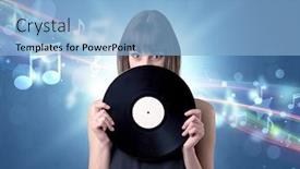  Presentation with vinyl record - Cool new theme with young-lady-holding-vinyl-record backdrop and a light blue colored foreground