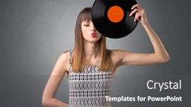  Presentation with vinyl record - Cool new PPT layouts with young-lady-holding-vinyl-record backdrop and a dark gray colored foreground