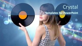  Presentation with vinyl record - Slide deck with young lady holding vinyl record on a blue background with musical notes behind her background and a ocean colored foreground