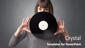  Presentation with vinyl record - Audience pleasing PPT layouts consisting of young-lady-holding-vinyl-record backdrop and a dark gray colored foreground