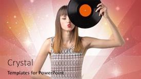  Presentation with vinyl record - Slide set consisting of young lady holding vinyl record on a red background with lights shining behind her background and a coral colored foreground
