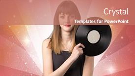  Presentation with vinyl record - Amazing theme having young lady holding vinyl record on a red background with lights shining behind her backdrop and a coral colored foreground