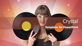  Presentation with vinyl record - Amazing PPT theme having young lady holding vinyl record on a red background with lights shining behind her backdrop and a tawny brown colored foreground
