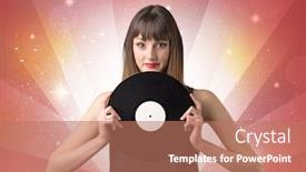  Presentation with vinyl record - Audience pleasing presentation theme consisting of young lady holding vinyl record on a red background with lights shining behind her backdrop and a coral colored foreground