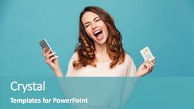  Presentation with credit card - Slides enhanced with young lady isolated over blue background and a teal colored foreground