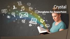  Presentation with multimedia - PPT theme featuring young lady reading a book background and a dark gray colored foreground