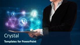  Presentation with networking - Beautiful slide set featuring young-lady-showing-social-networking backdrop and a navy blue colored foreground