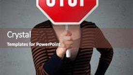  Presentation with stop - PPT theme consisting of young lady standing and holding a stop sign in front of her head background and a tawny brown colored foreground