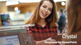  Presentation with five business people standing together and smiling - Slide set with young lady standing in supermarket background and a  colored foreground