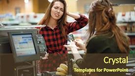  Presentation with image of car racing - Slide deck having young lady standing in supermarket background and a tawny brown colored foreground