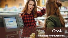  Presentation with credit card - Beautiful PPT theme featuring young lady standing in supermarket backdrop and a tawny brown colored foreground