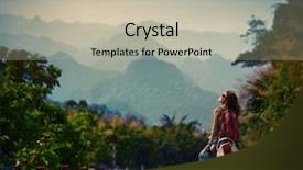  Presentation with motorbike - Colorful slide deck enhanced with young lady standing near motorbike and enjoying landscape view backdrop and a mint green colored foreground