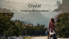  Presentation with motorbike - Audience pleasing presentation consisting of young lady standing near motorbike and enjoying landscape view backdrop and a light gray colored foreground