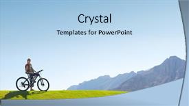  Presentation with green mountains - Audience pleasing theme consisting of young lady standing with bicycle on the green lush meadow with mountains on the background backdrop and a light blue colored foreground