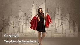  Presentation with city silhouette - Amazing slide deck having young lady standing with red backdrop and a coral colored foreground