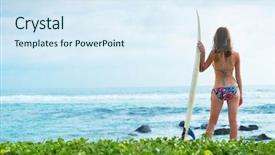  Presentation with first - Presentation theme having young lady surfer standing background and a sky blue colored foreground